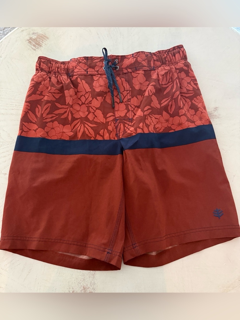 Coolibar Men’s Swim Shorts SPF50 Sz Medium Orange Hawaiian Tropical Floral